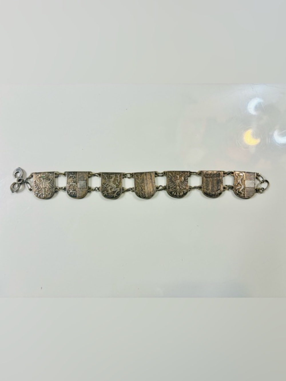 Antique Family Crest Heraldic Linked Panel Bracelet  Silver Tone Heirloom EUC